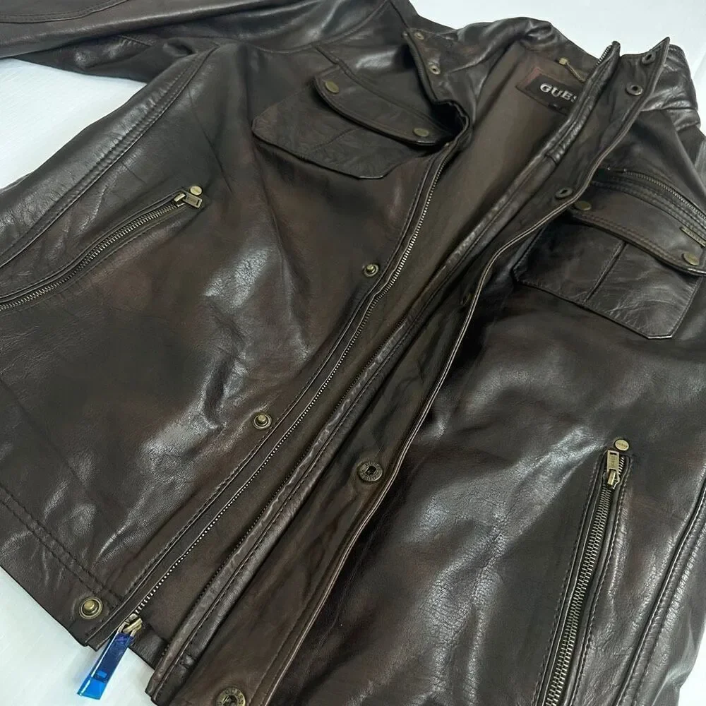 GUESS Brown Leather Moto Field Jacket XL – Genuine Leather – Rare 11PLA1001